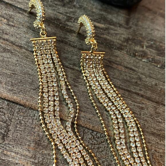 NEW Rhinestones & Gold Fringe Statement Earrings - Picture 8 of 14